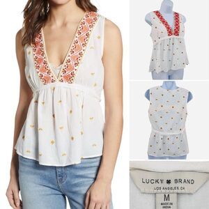Lucky Brand Romantic Aztec Design Embroidered Babydoll Sleeveless Cotton Top